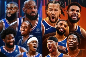 詹姆斯/布伦森领衔！NBA发布76人VS尼克斯海报：新五虎VS冠军首发